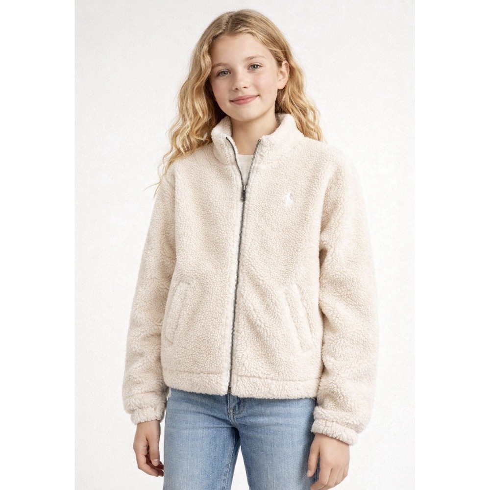 Polo Ralph Lauren Sherpa Fleece Bomber Jacket Cream Ivory SZ 12-14 Years